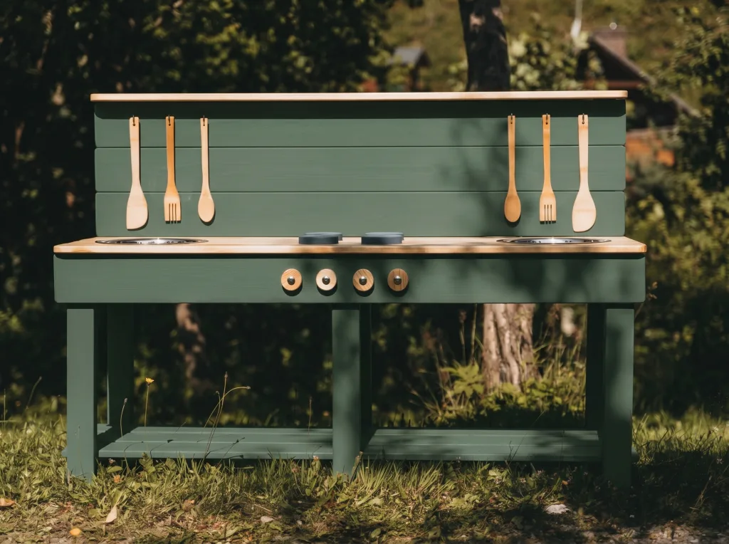 Handcrafted wooden mud kitchen 150cm in Royal Green, solid spruce