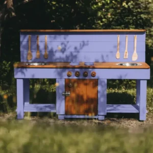 Handcrafted wooden mud kitchen 150cm with storage cabinet in Lavender Field, solid spruce