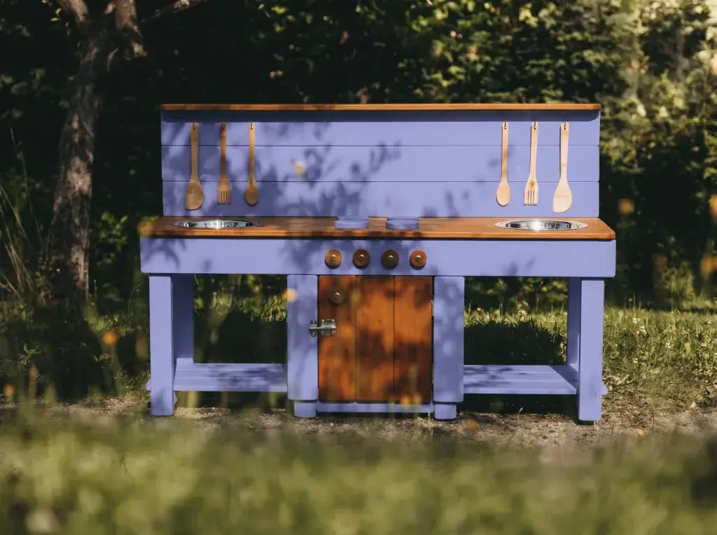 Handcrafted wooden mud kitchen 150cm with storage cabinet in Lavender Field, solid spruce