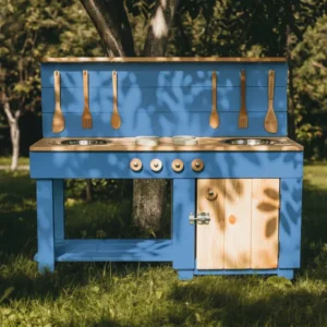 Handcrafted wooden mud kitchen 120cm with storage cabinet in Stormy Evening, solid spruce